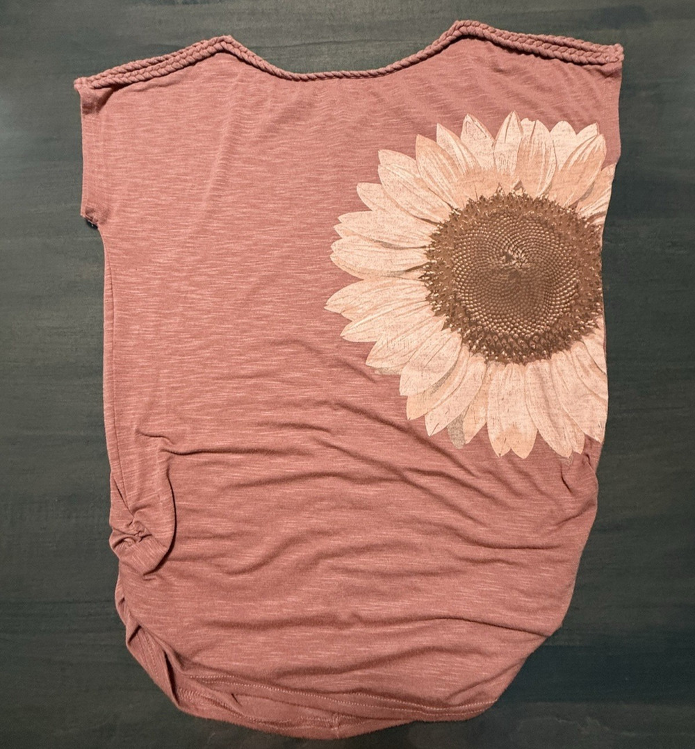Mauirces Shirt Womens Small Beige/Mauve Sunflower Short Sleeve Braided